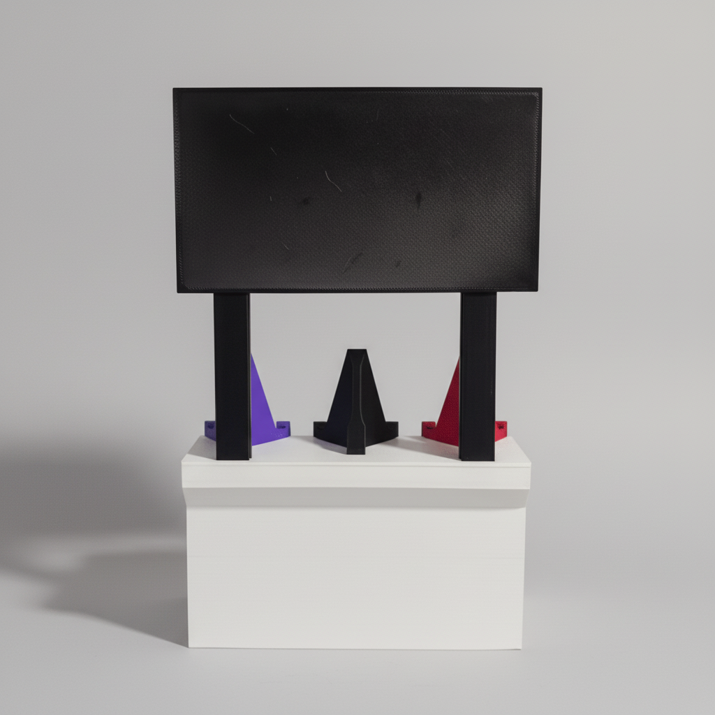 Black rectangular object on a white base with LED lights in front of sports trading card collection