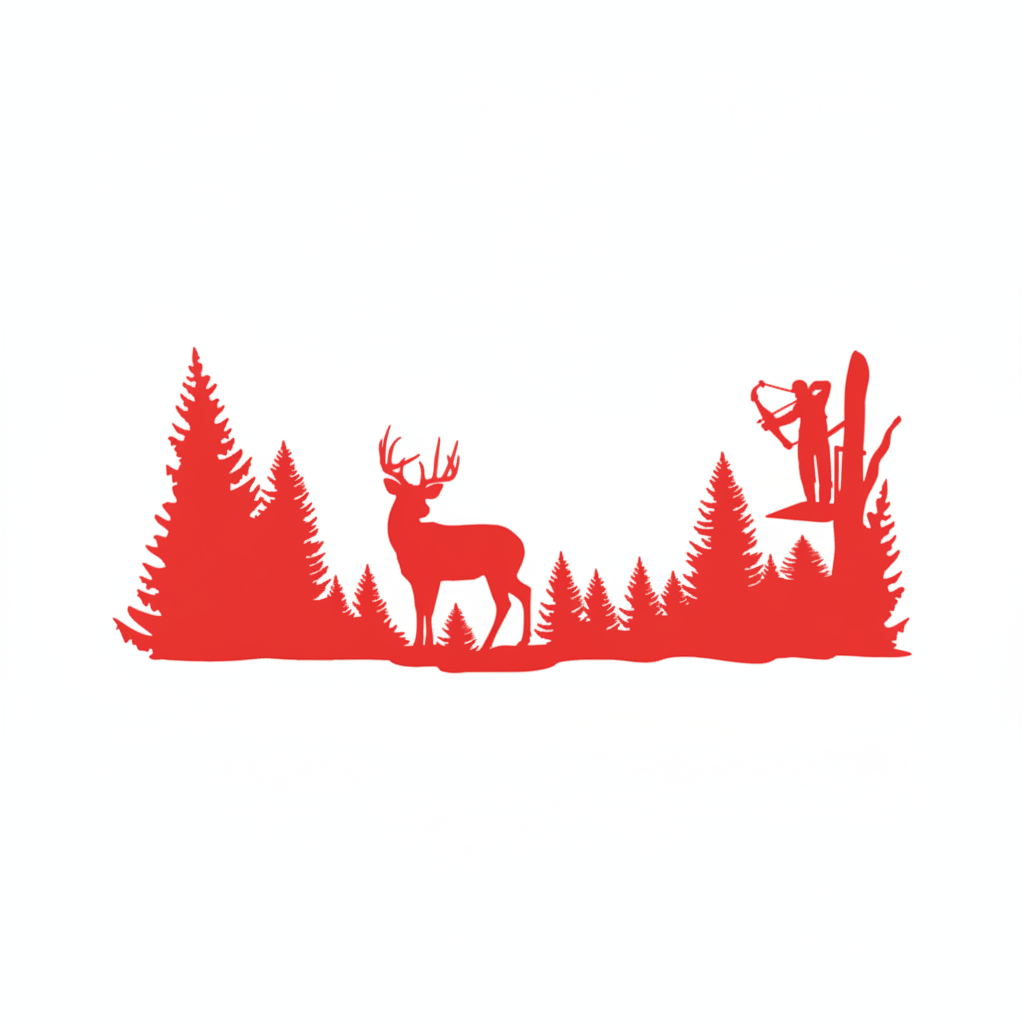 Black silhouette of a deer and hunter with trees on a white background
