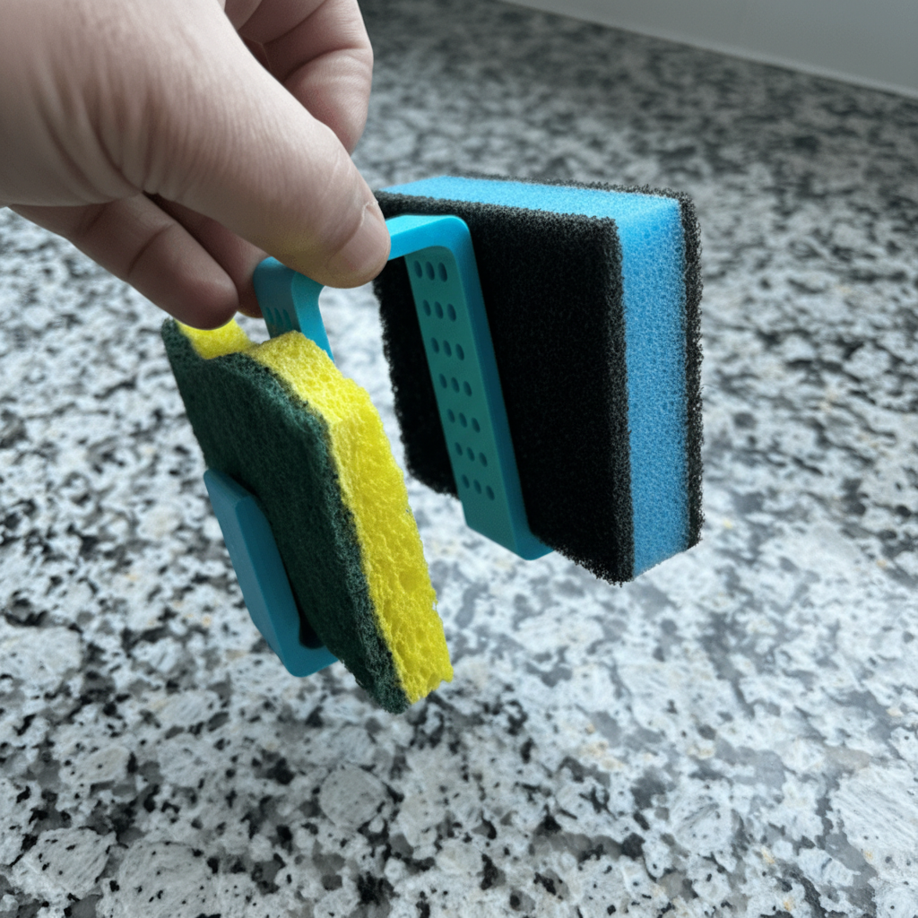 Hand holding a blue sponge holder with a yellow and green sponge over a sink.