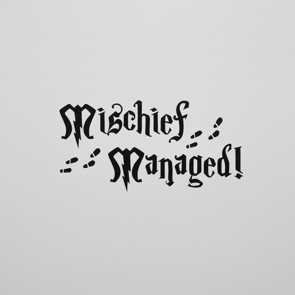 Black text 'Mischief Managed!' on a white background