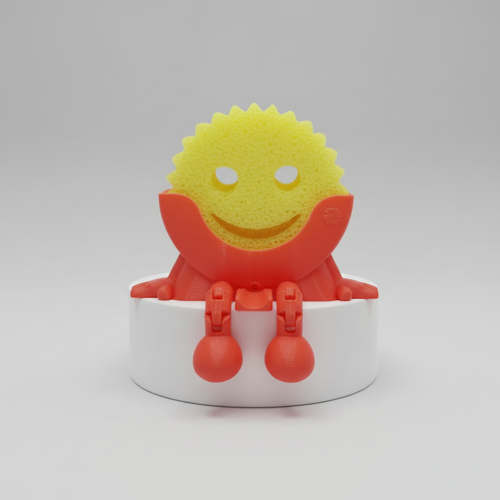 3D-printed character with a yellow face and red body on a white stand against a reflective surface.