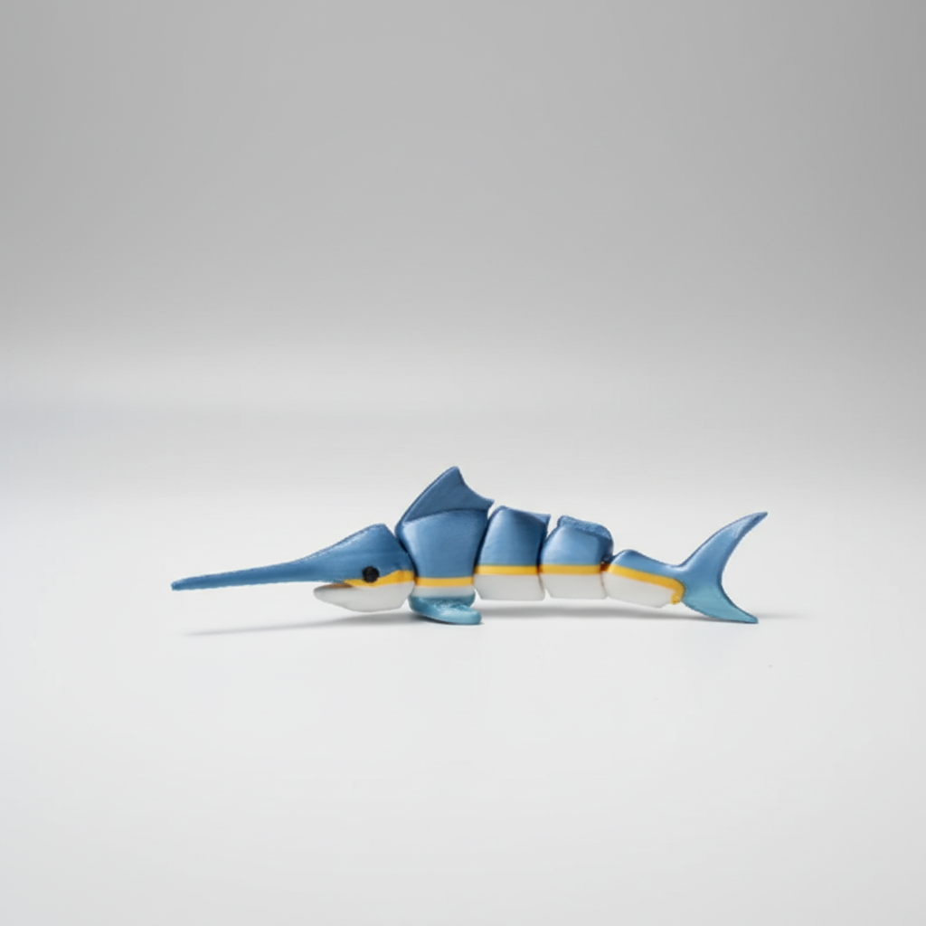 Small blue marlin figurine held in a hand with 'Marlin' text above