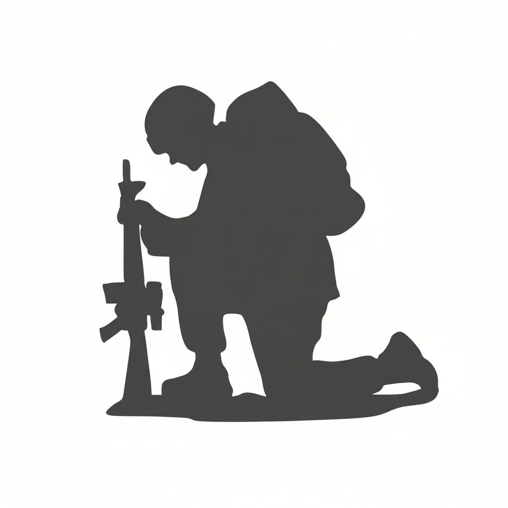 Silhouette of a soldier kneeling with a rifle on a white background