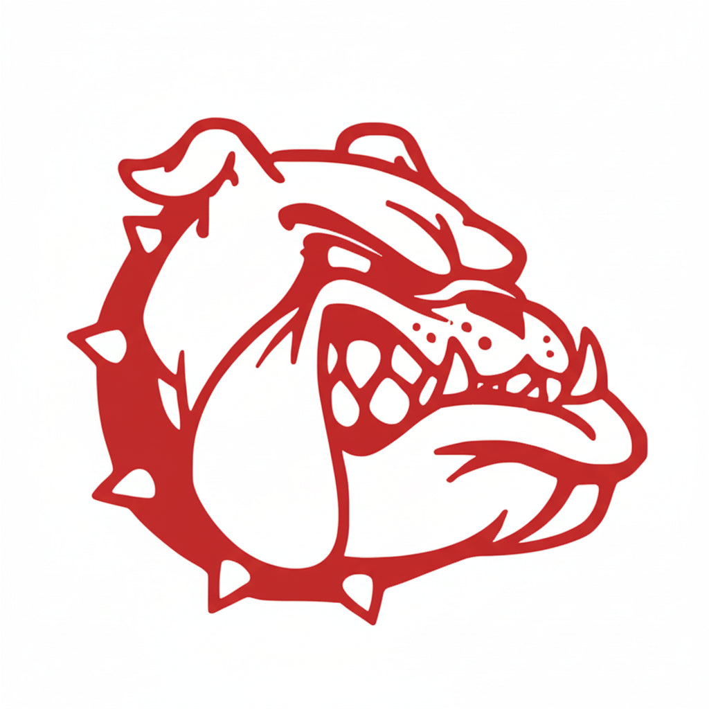 Black and white illustration of a bulldog head with a spiked collar on a white background
