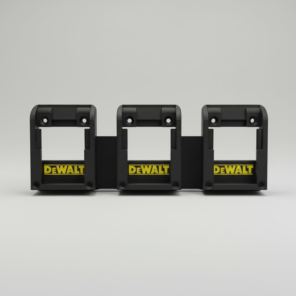 Three Dewalt battery holders on a textured gray surface