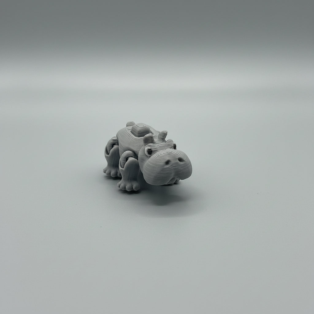 Small gray toy hippo on a textured surface with orange dinosaur models in the background