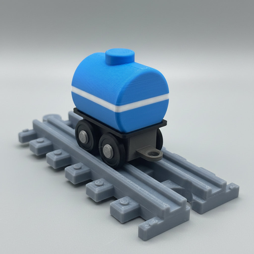 Blue toy tank car on a gray track with a textured background