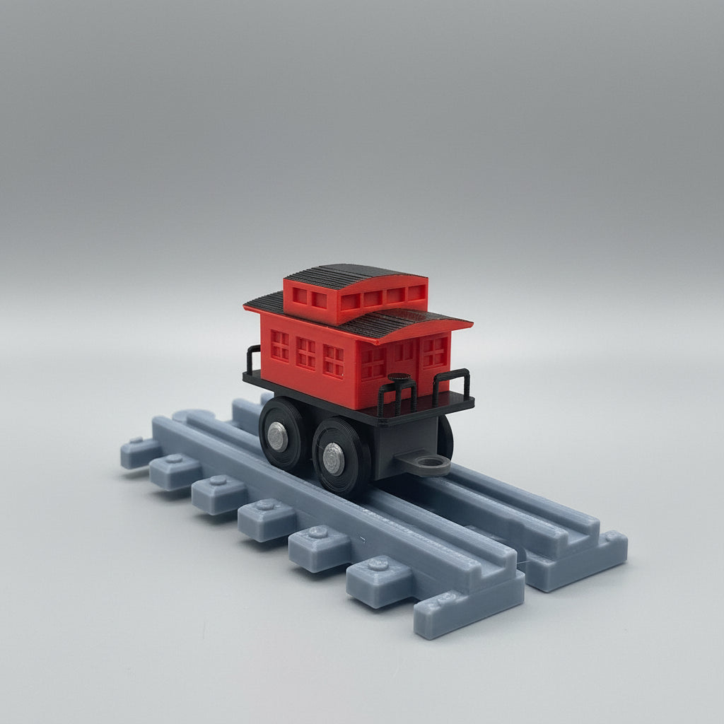 Toy train cabin on a track with a textured background