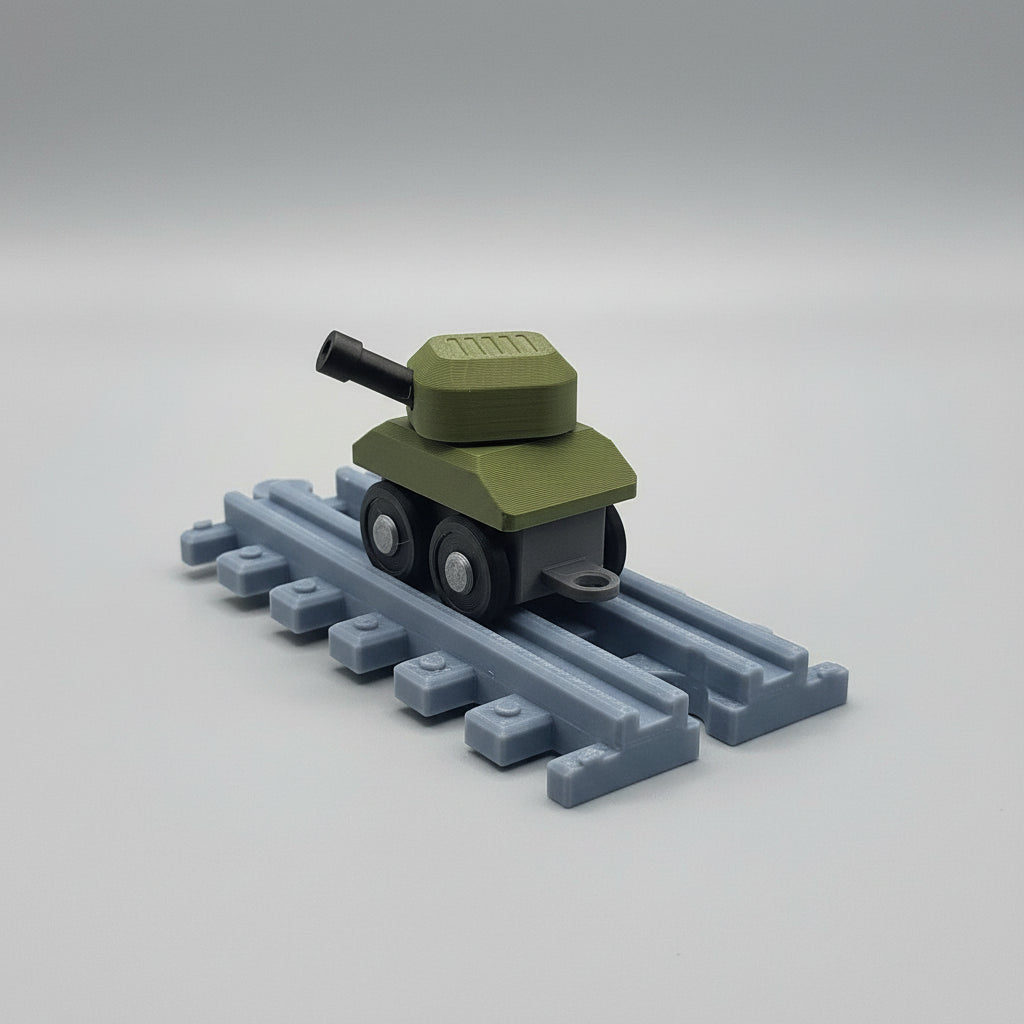 Toy tank on a track with a textured background