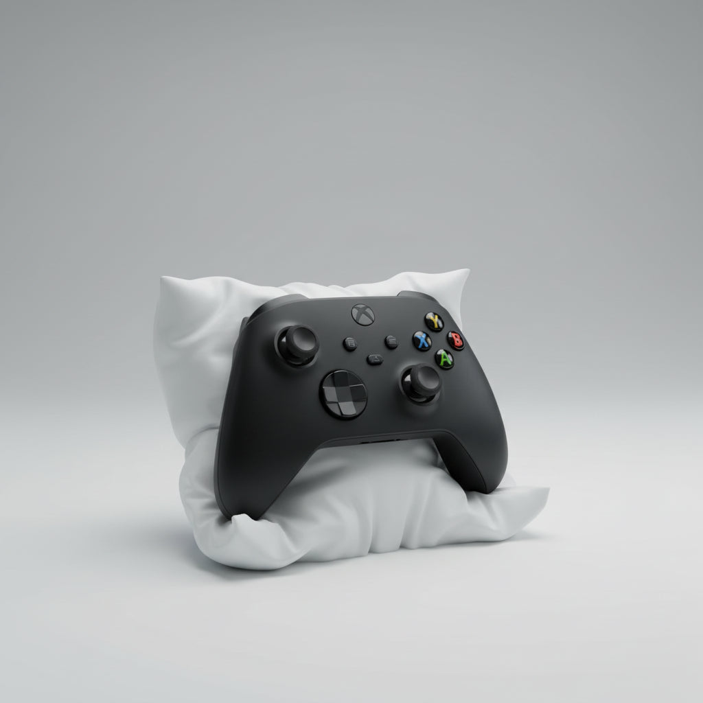 Black gaming controller on a white cloth with a checkered pattern in the background