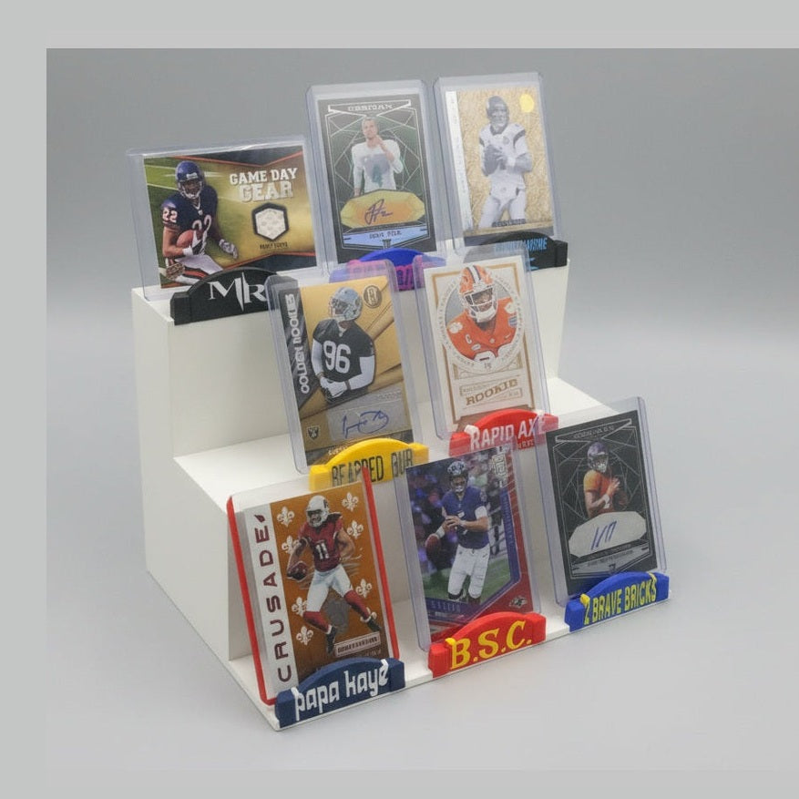 3D printed card display stands showcasing sports trading cards