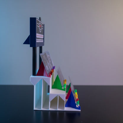 Colorful card holder with trading cards of athletes in the background