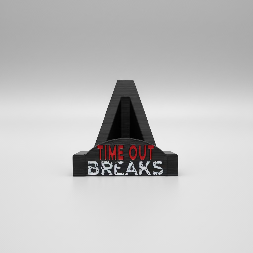 Black clip with 'TIME OUT BREAKS' text held by a hand in front of a keyboard.