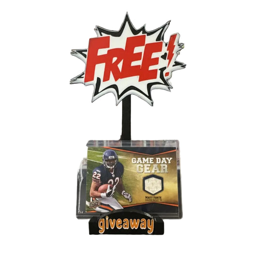 Collection of sports trading cards with a 'Free Giveaway' sign in the center.