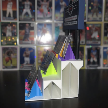 Colorful card holder with trading cards in the background