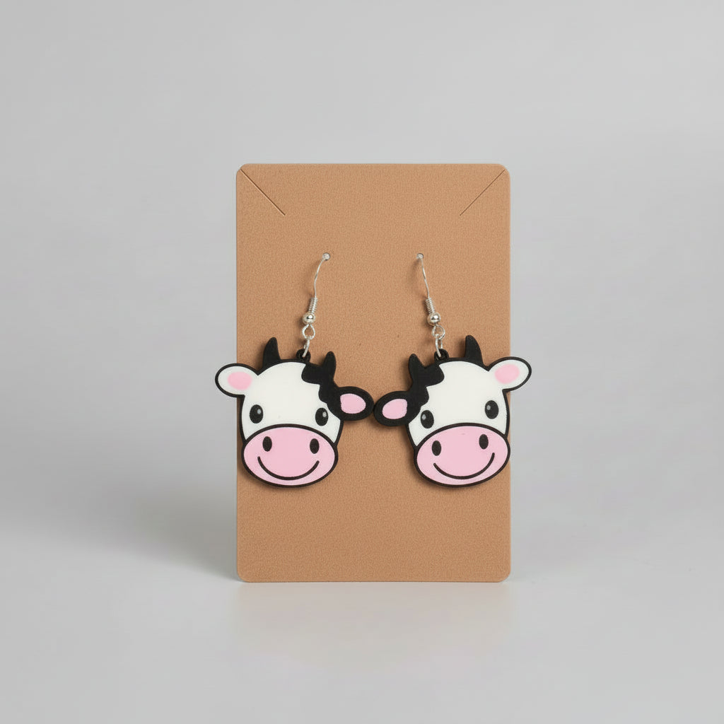 Cow-shaped earrings on a brown card with a gray background