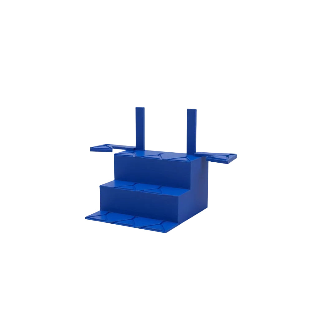 Blue plastic component on a gray background
