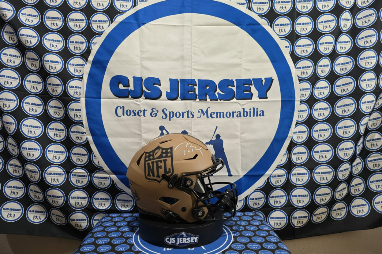 Helmet on display with CJS Jersey logo and branding in the background