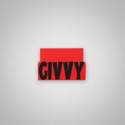 Red card with 'GIVWY' printed on it held by a hand against a wooden floor background