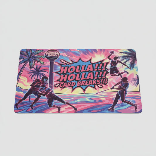 Colorful tablecloth with sports-themed design and text on a table.