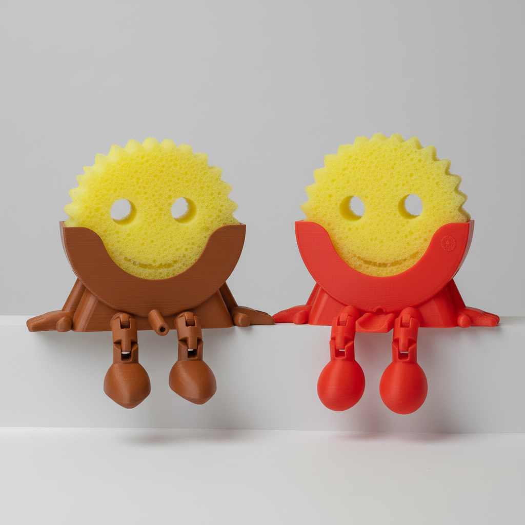Two novelty kitchen sponges with a face design on a kitchen counter.