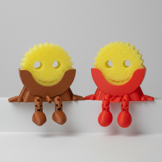 Two novelty kitchen sponges with a face design on a kitchen counter.