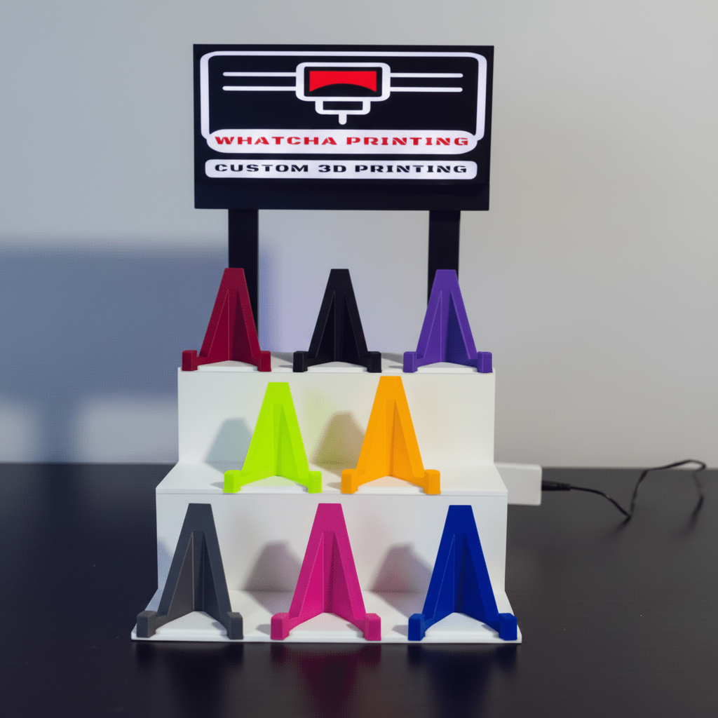 Stack of colorful 3D-printed objects with 'Whatcha Printing' sign above on a dark surface.