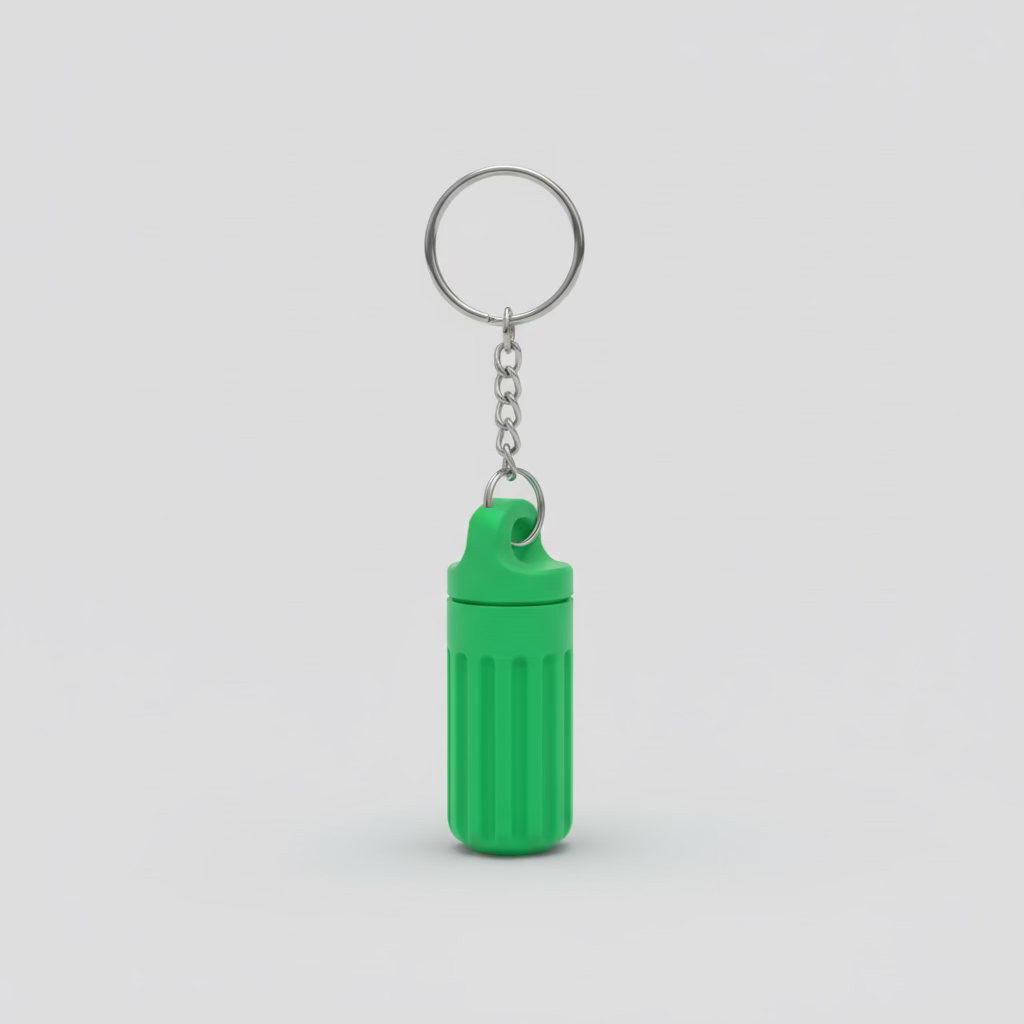 Green keychain lighter on a wooden surface