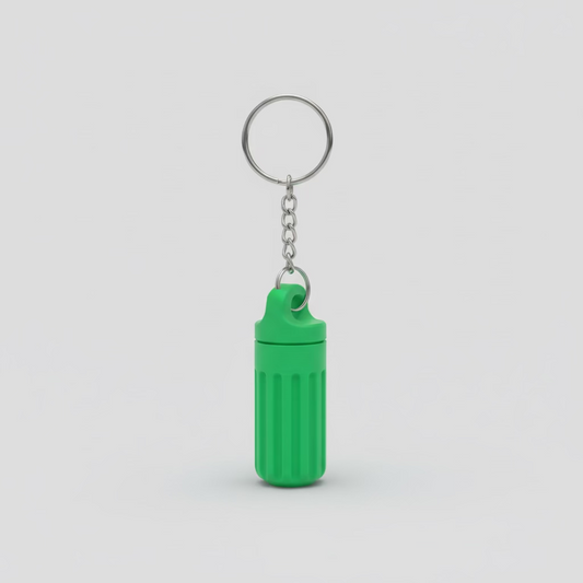 Green keychain lighter on a wooden surface