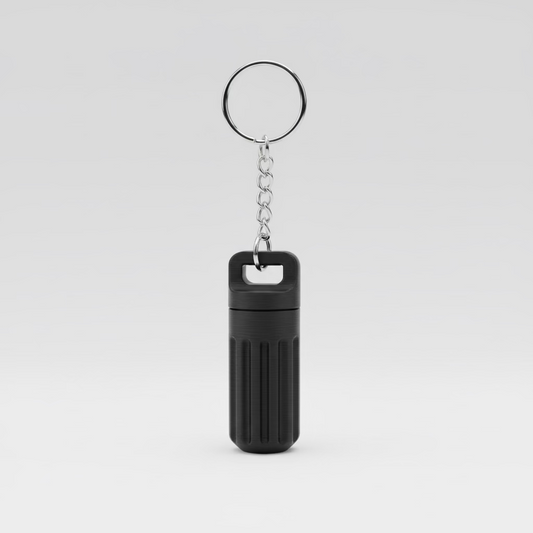 Keychain with a cylindrical metal device on a wooden surface