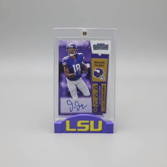 Football trading card with LSU logo on a background of other sports cards