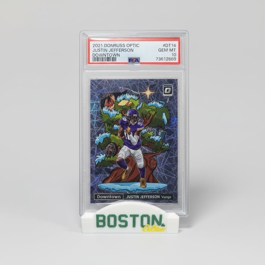 Trading card of a football player in a display case with a Boston logo in the foreground.