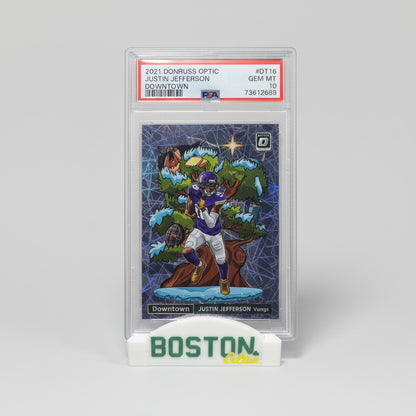 Trading card of a football player in a display case with a Boston logo in the foreground.
