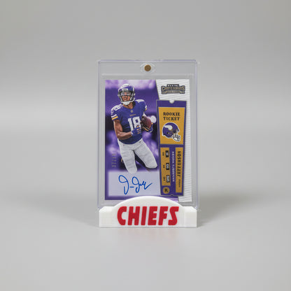 Football trading card of a player in a purple jersey with 'CHIEFS' branding on a gray background.
