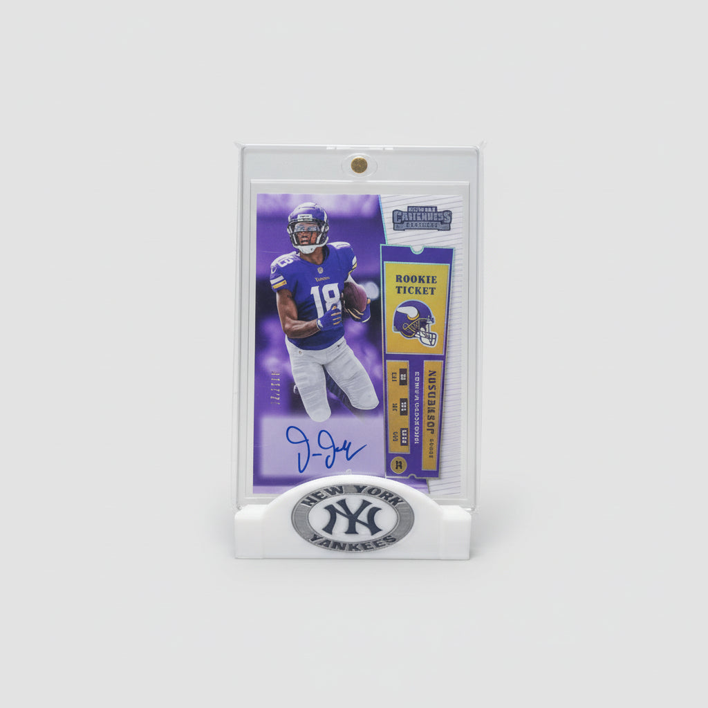 Collectible sports trading card of a player in a blue uniform with a purple background, surrounded by other similar cards.