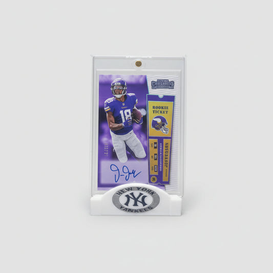 Collectible sports trading card of a player in a blue uniform with a purple background, surrounded by other similar cards.