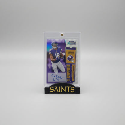 Football trading card with player image and 'Saints' branding on a background of other cards.