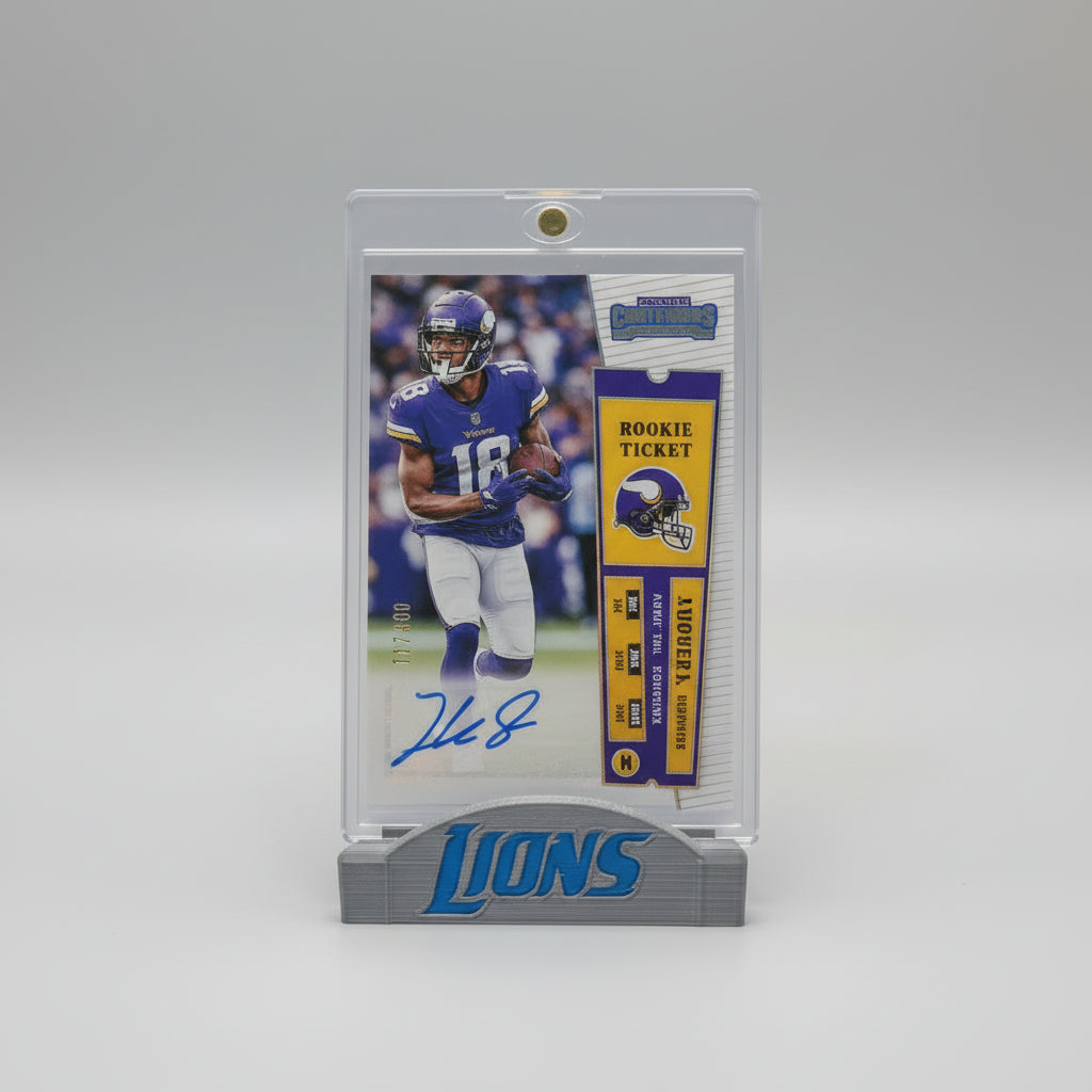 Football trading card featuring a player in a blue uniform with 'Lions' branding, surrounded by other similar cards.