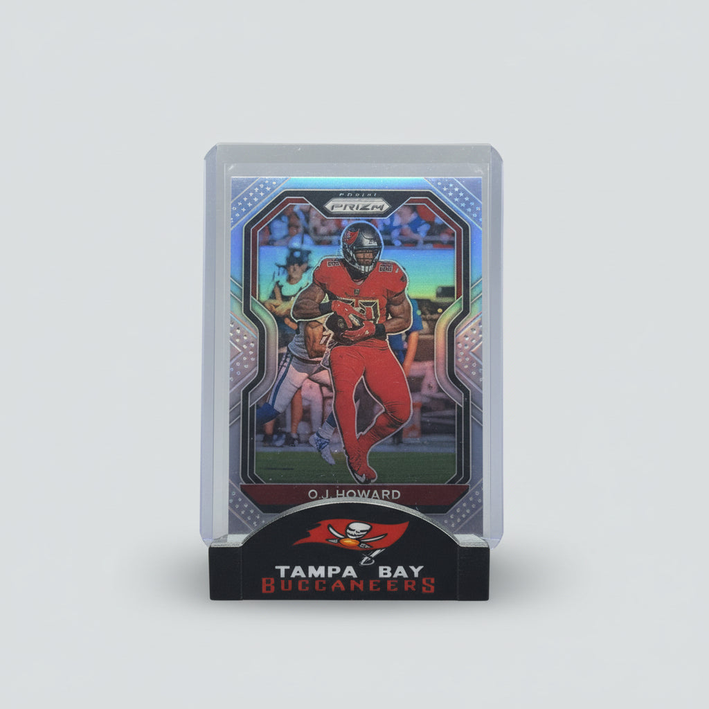 Trading card of a football player in red uniform with Tampa Bay Buccaneers logo on a dark background