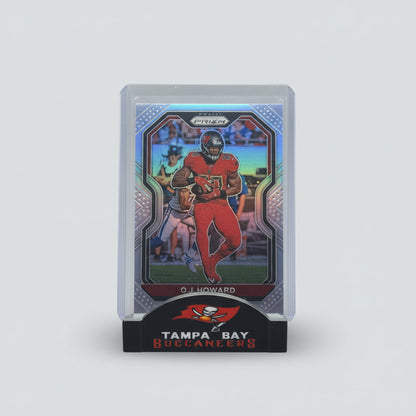 Trading card of a football player in red uniform with Tampa Bay Buccaneers logo on a dark background