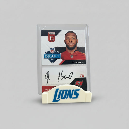 Trading card of a football player with a Lions logo in the background