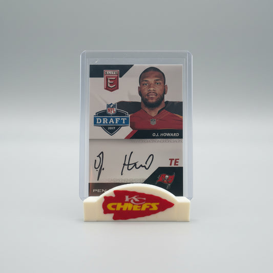 Trading card of a football player with a Chiefs logo in the background