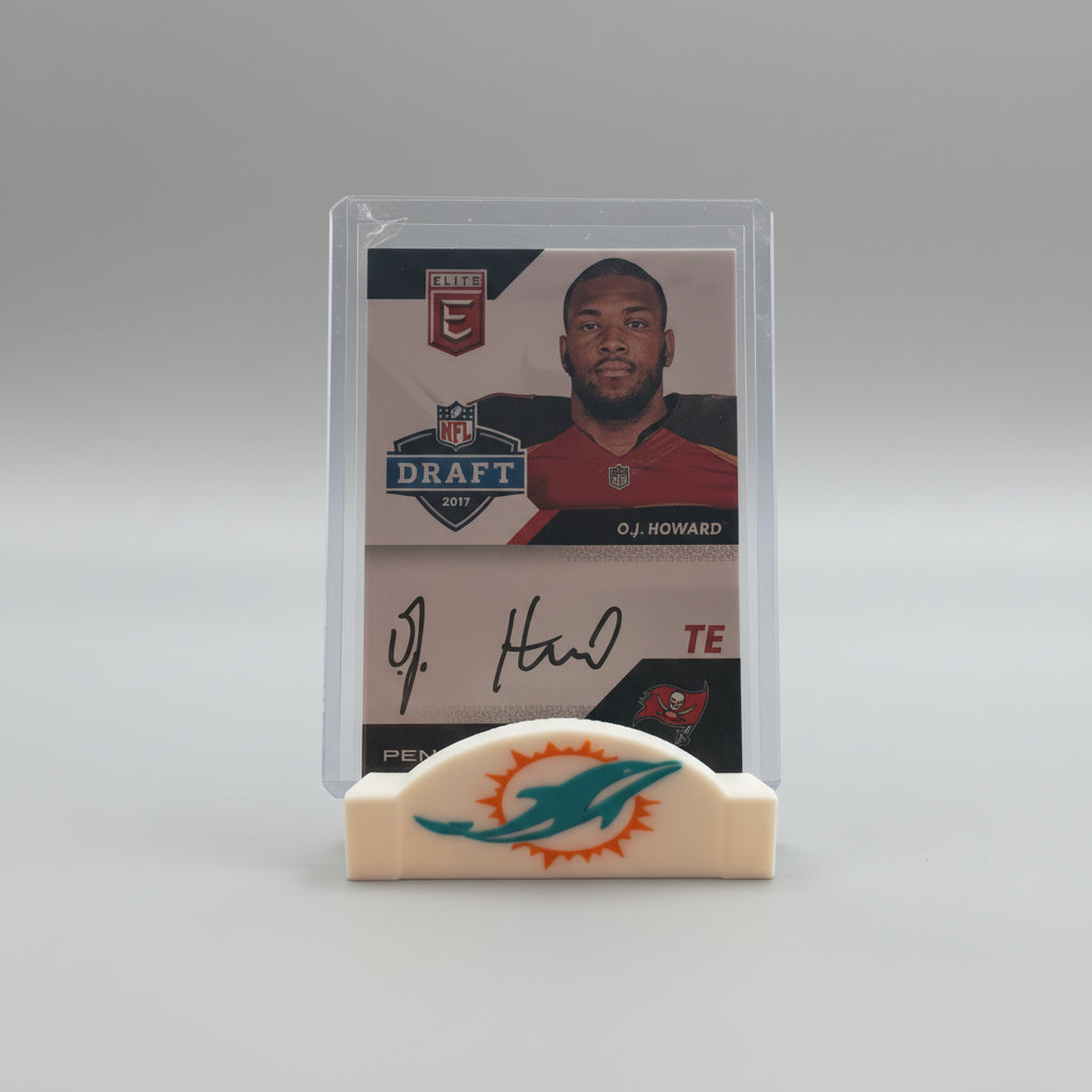 Trading card of a football player with a Miami Dolphins logo in the background