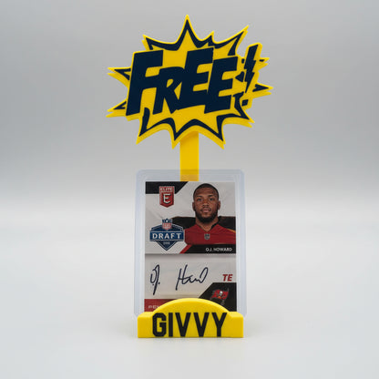 Trading card holder with a sports trading card on a colorful comic book background with 'FREE' and 'GIVVY' text.