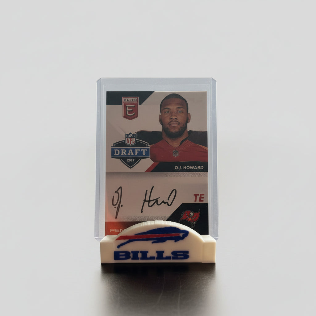 Football trading card of O.J. Howard with Buffalo Bills logo in the background