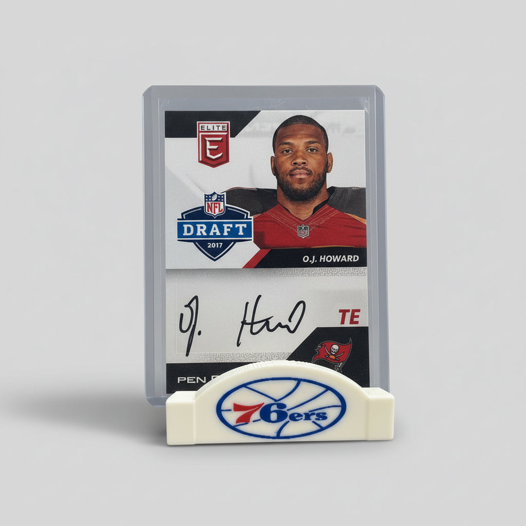 Basketball trading card with player image and autograph on a stand, against a blue background with a logo.