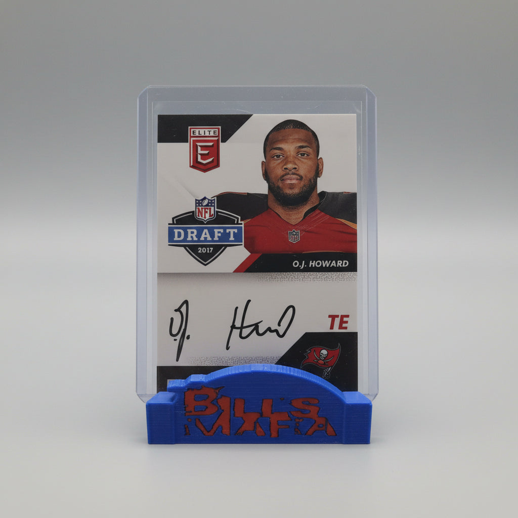 Trading card of a football player with a blue and red background featuring a logo.