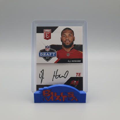 Trading card of a football player with a blue and red background featuring a logo.