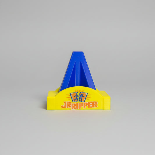 Hand holding a blue and yellow object with 'JRipper' branding against a branded background.