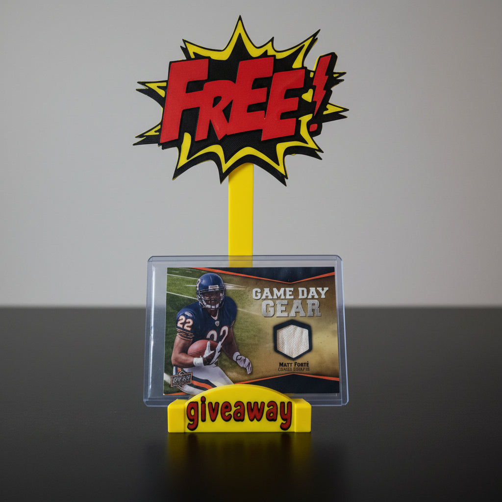 Promotional card holder with 'FREE! Giveaway' text and a football-themed card in front of a collection of sports cards.